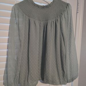 LOFT Sage Green Smocked Yoke Dotted Swiss Blouse